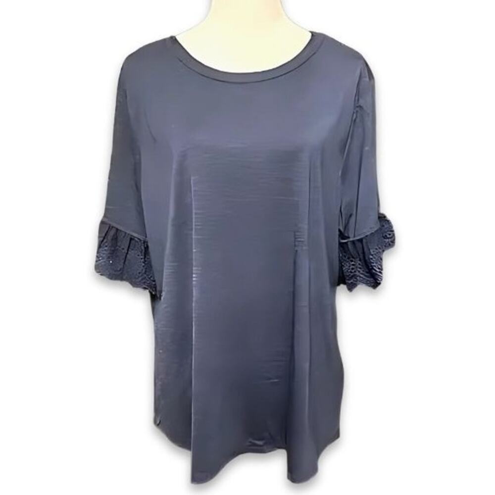 NY Collection Blouse Lace Detail Short Sleeves Polyester Cotton Navy Blue 3X NWT